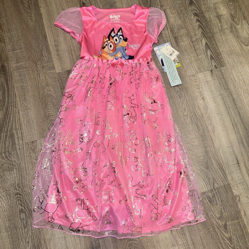 Bluey Bingo Girls Pink Nightgown Dress Size 6/6X NWT Tulle Metallic Print